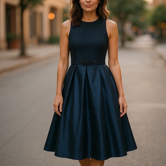 Theia MIdi Ball Gown, Navy with Waist Embellishments, in Excellent Condition - Picture 1 of 7